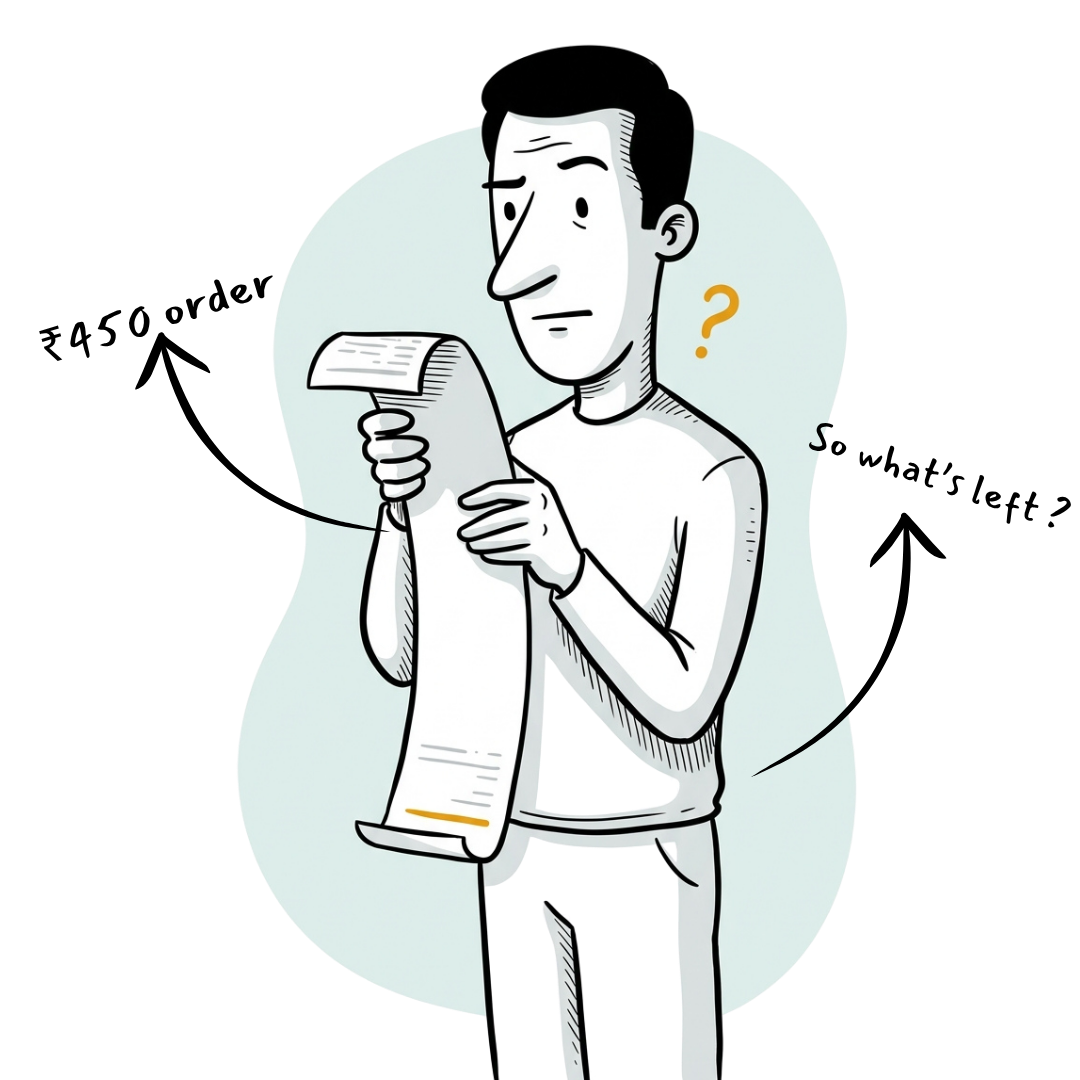 A restaurant owner reading a long bill, wondering what the ₹450 order actually left him