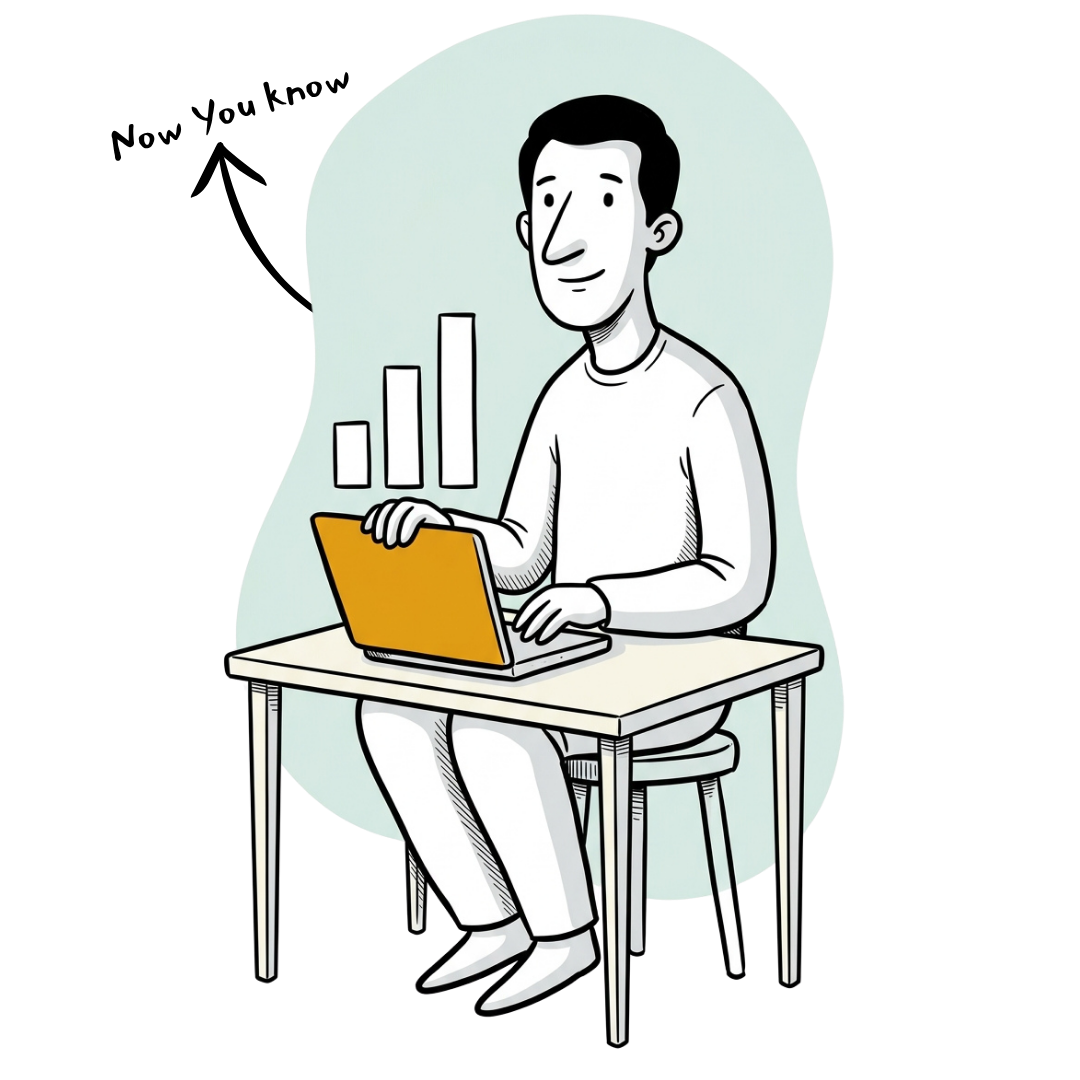 The same owner at a laptop, calm, reading his own numbers